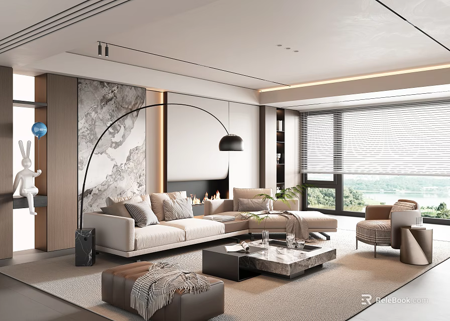 Modern Living Room With Beige Sofa Floor Lamp Marble Accent Wall And Coffee Table 3d model 