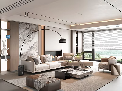Modern Living Room With Beige Sofa Floor Lamp Marble Accent Wall And Coffee Table 3d model