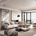 Modern Living Room With Beige Sofa Floor Lamp Marble Accent Wall And Coffee Table