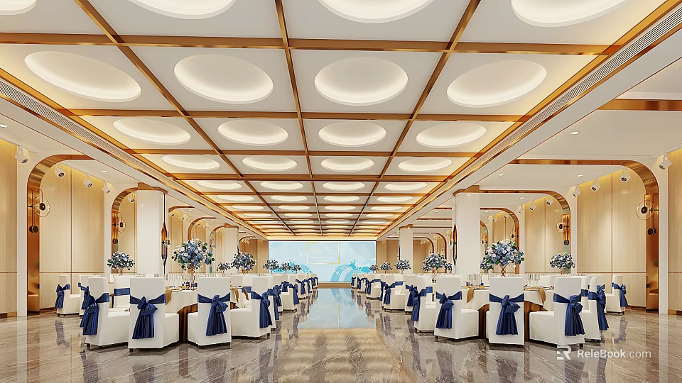 Luxurious Banquet Hall Interior With Round Ceiling Lights White Chairs Blue Ribbons And Marble Floor 3d model 
