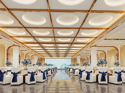 Luxurious Banquet Hall Interior With Round Ceiling Lights White Chairs Blue Ribbons And Marble Floor 3d model