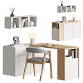 Modern Office Desk With Wooden Top White Cabinet Gray Chair Lamp Books And Shelf