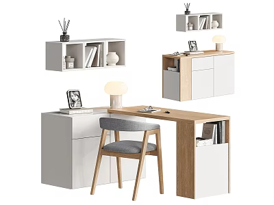 Modern Office Desk With Wooden Top White Cabinet Gray Chair Lamp Books And Shelf 3d model