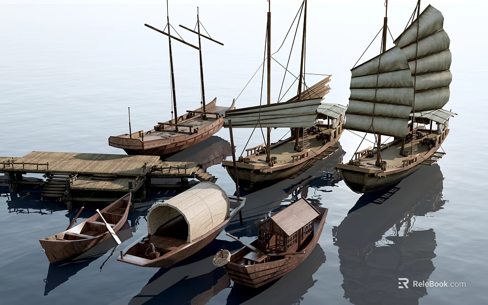 Traditional Wooden Sailing Boats Moored On Calm Water Surface With Reflections 3d model 
