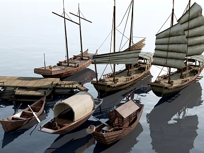 Traditional Wooden Sailing Boats Moored On Calm Water Surface With Reflections 3d model