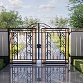 Architectural Exterior Wall Featuring Ornate Iron Gate Stone Path And Greenery 3d model
