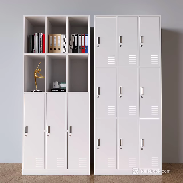 White File Cabinet with Multiple Lockers Shelves Holding Folders Books and Decorative Item 3d model 