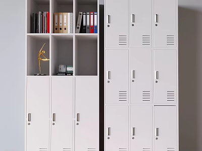 White File Cabinet with Multiple Lockers Shelves Holding Folders Books and Decorative Item 3d model