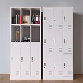 White File Cabinet with Multiple Lockers Shelves Holding Folders Books and Decorative Item