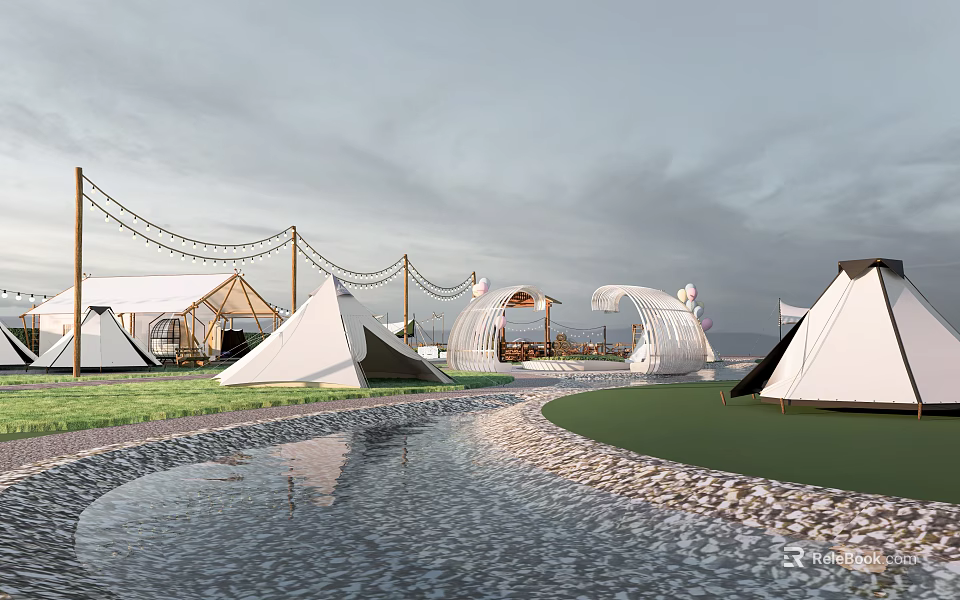 Scenic Camping Tent Campsite With Grassy Paths Water Reflection And String Lights 3d model
