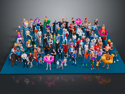 Crowd of Diverse People With Various Poses And Colorful Outfits On Blue Platform 3d model