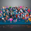 Crowd of Diverse People With Various Poses And Colorful Outfits On Blue Platform
