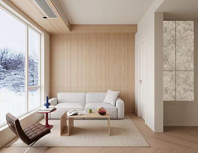 Modern Living Room With Wooden Wall White Sofa And Large Window 3d model