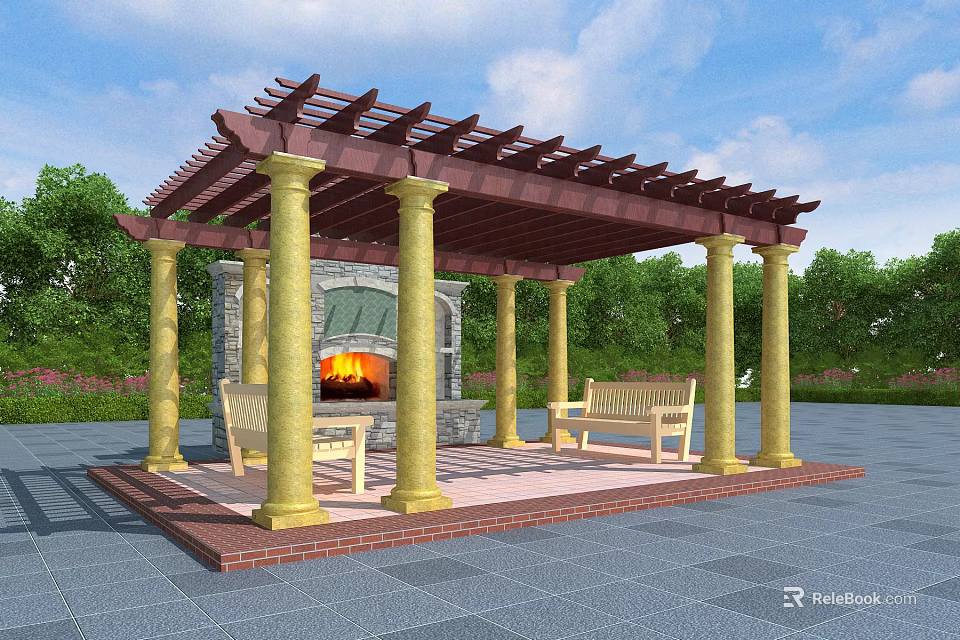 Outdoor Pergola With Wooden Roof Yellow Columns Stone Fireplace And Benches 3d model 