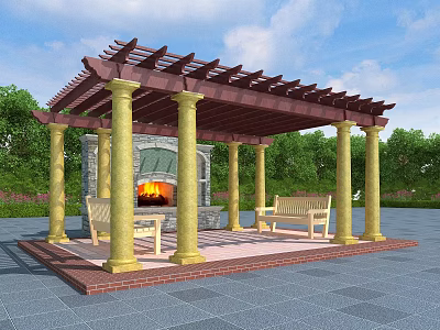 Outdoor Pergola With Wooden Roof Yellow Columns Stone Fireplace And Benches 3d model