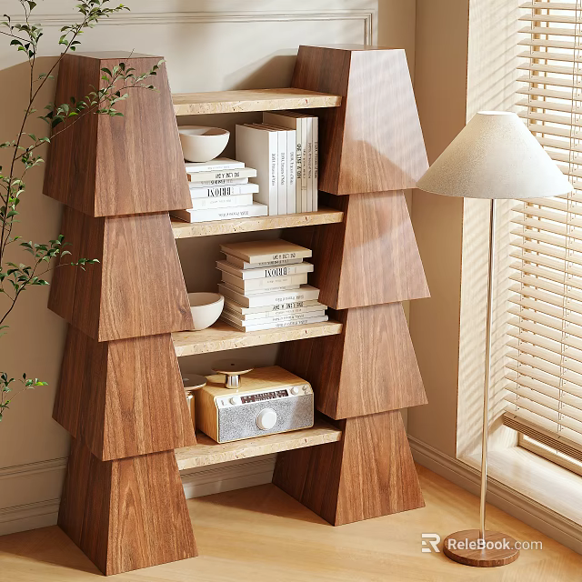 Modern Wooden Shelving Unit In Living Room With Books Bowls Radio And Plants 3d model 