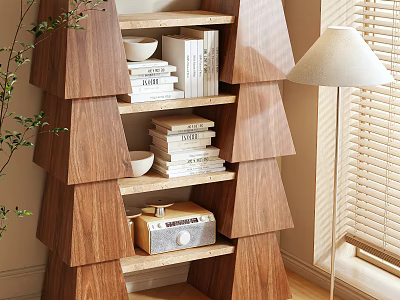 Modern Wooden Shelving Unit In Living Room With Books Bowls Radio And Plants 3d model
