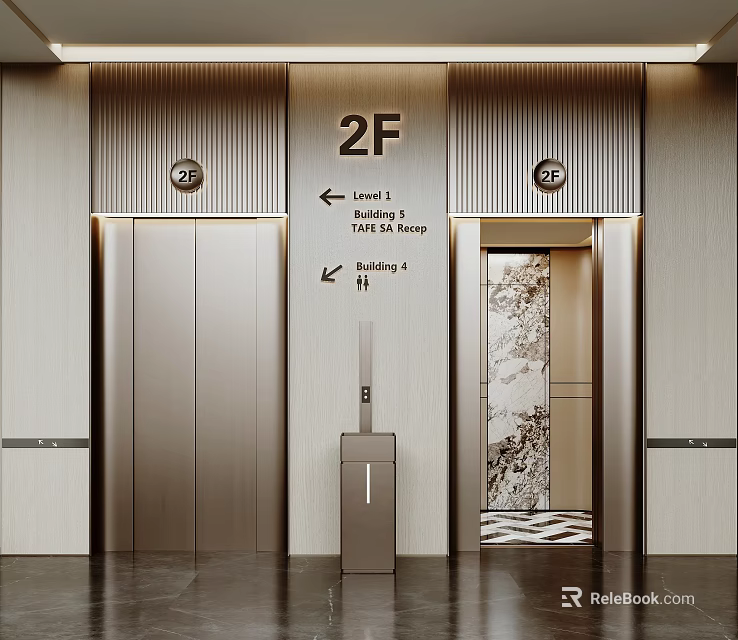 Modern Elevator Hallway on 2F With Directional Signage and Decorative Art 3d model 