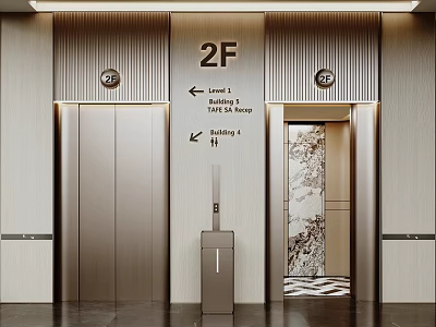 Modern Elevator Hallway on 2F With Directional Signage and Decorative Art 3d model