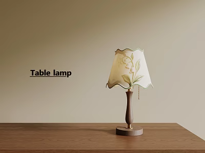 Elegant Table Lamp With White Leaf Pattern Lampshade And Wooden Base On Wooden Table 3d model