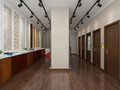 Specialty Store Interior With Wooden Display Cabinets Doors Ceiling Spotlights And Green Plants 3d model