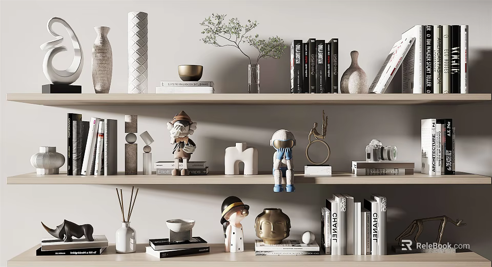 Decorative Ornament Combinations With Shelves Books Vases Small Sculptures And Plants 3d model 