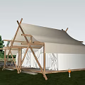 Glamping Tent With Wooden Frame And Canvas Roof In Natural Grassland Environment
