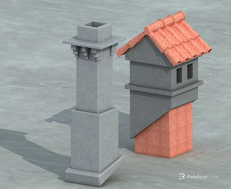 Two Chimney Models With Red Tile Roof And Gray Flat Open Door 3d model