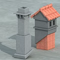 Two Chimney Models With Red Tile Roof And Gray Flat Open Door 3d model
