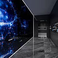 Hi Tech Exhibition Hall With Large Screen Blue Lighting Effects And Marble Floor 3d model
