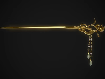 Exquisite Golden Hairpin With Rose Design Beaded Tassel And Green Pendant Accents 3d model