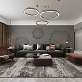 Modern Living Room Interior With Dark Sofa Throw Pillows And Round Pendant Lights