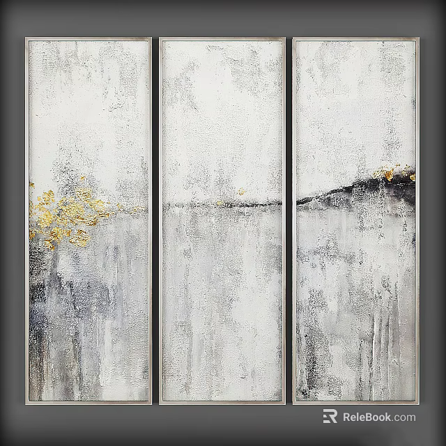 Abstract Triptych Wall Art With Gray White Background And Gold Accents 3d model 