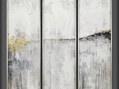 Abstract Triptych Wall Art With Gray White Background And Gold Accents 3d model