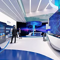Modern Exhibition Hall Interior Design With White Car Display And Blue Tech Elements 3d model