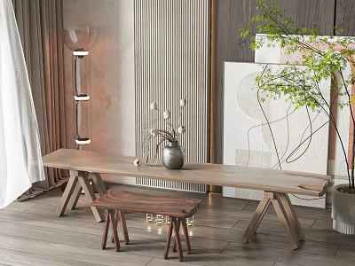 Public Chairs in Modern Interior With Wooden Table Green Plant Floor Lamp and Decorative Painting 3d model