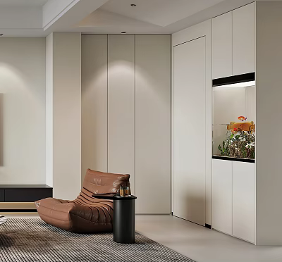 Brown Modern Lounge Chair in Cozy Room with Side Table White Cabinets and Fish Tank 3d model