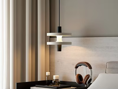 Modern Bedroom Interior With Pendent Lamp Gray Headboard Nightstand Candles And Headphones 3d model