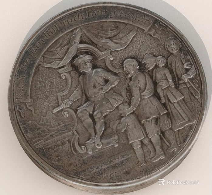 Antique Round Metal Plate With Detailed Relief Figures And Historical Inscriptions 3d model 
