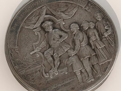 Antique Round Metal Plate With Detailed Relief Figures And Historical Inscriptions 3d model