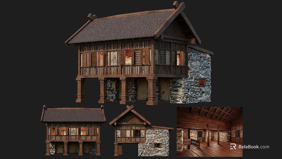 Traditional Ancient Building With Wooden Structure Tile Roof Stone Walls And Interior Details 3d model 