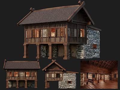 Traditional Ancient Building With Wooden Structure Tile Roof Stone Walls And Interior Details 3d model