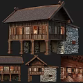 Traditional Ancient Building With Wooden Structure Tile Roof Stone Walls And Interior Details