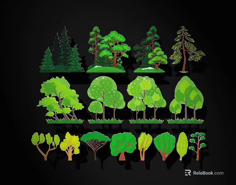 Various Cartoon Style Green Trees With Different Shapes And Sizes 3d model