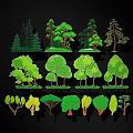 Various Cartoon Style Green Trees With Different Shapes And Sizes 3d model