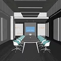 Modern Conference Room With Long Table White Chairs Blue Seats And Whiteboards