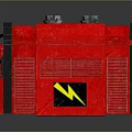 Red Device With Yellow Lightning Symbol And Ventilation Grilles On Reflective Surface 3d model