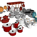Colorful Kitchen Cookware Set With Hanging Pots Pans And Various Cooking Tools 3d model