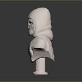 White Sculpted Bust of Hooded Masked Character With Intricate Chest Design and Pedestal Base