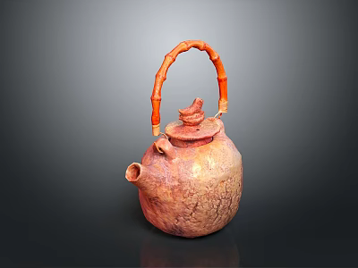 Ceramic Teapot With Bamboo Handle Bird Decorated Lid And Textured Surface 3d model
